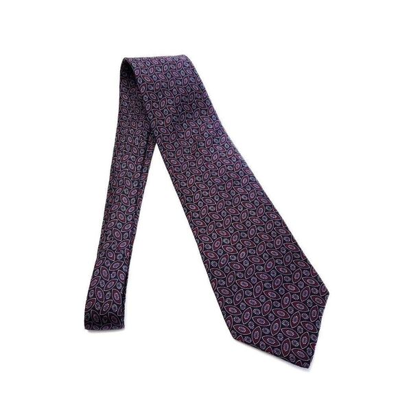 Stafford Black Purple Print Geometric Short Wide Silk Tie - Picture 6 of 6